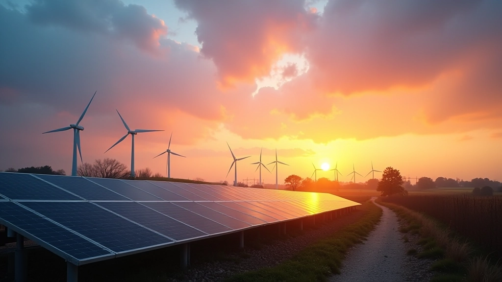 Moderne Industrieanlage mit erneuerbaren Energiequellen bei Sonnenuntergang