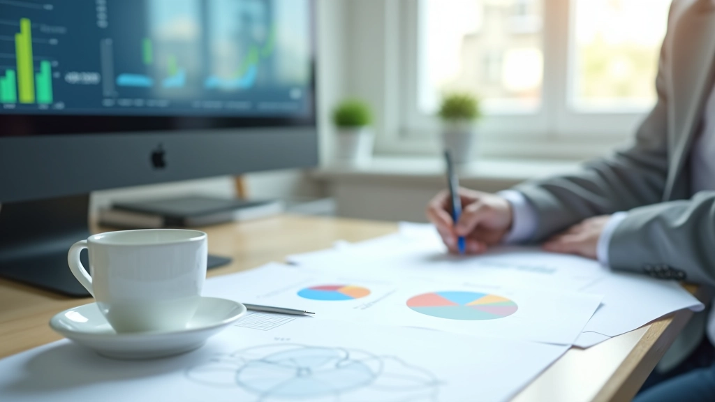 Büro mit Energiewende-Diagrammen, Kaffee und modernen Charts auf dem Schreibtisch