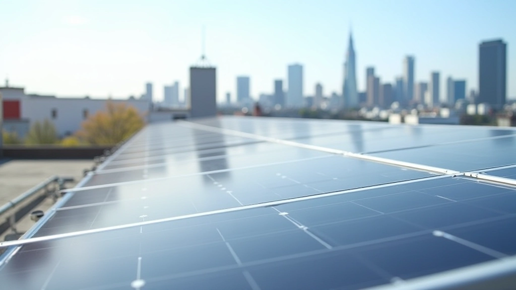 Solaranlage auf modernem Gebäudedach mit Stadt im Hintergrund