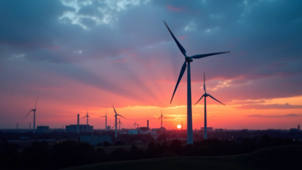 Windkraftanlage in der Dämmerung mit Industriegelände im Hintergrund